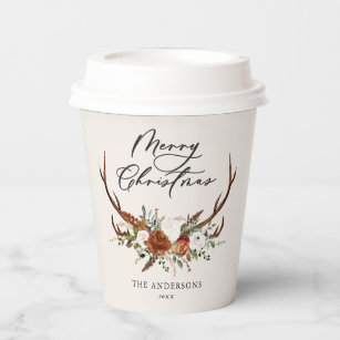 watercolor stag floral merry christmas paper cups