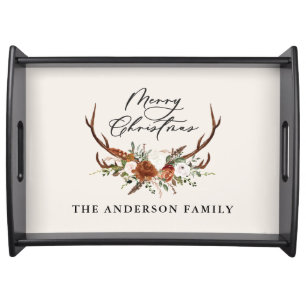watercolor stag floral merry christmas serving tray