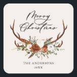watercolor stag floral merry christmas square sticker<br><div class="desc">merry christmas design,  rustic stag floral we do script modern beautiful natural,  terracotta,  black and sage green collection.</div>