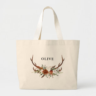 watercolor stag floral terracotta modern elegant large tote bag