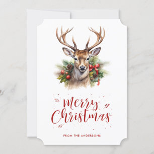 Watercolor Stag Greenery Snowflake Christmas Card