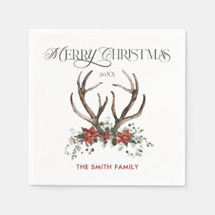 Watercolor Stag Merry Christmas Botanical Napkins