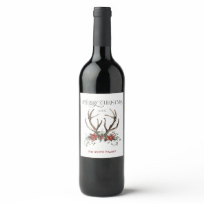 Watercolor Stag Merry Christmas Greenery Wine Label