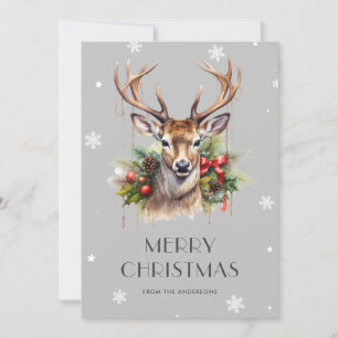 Watercolor Stag Snowflake Merry Christmas Card