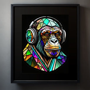 Watercolor Stained Glass Chimp Wearing Headphones Poster