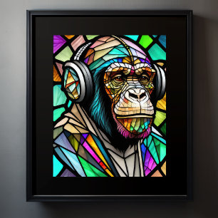 Watercolor Stained Glass Chimp Wearing Headphones Poster
