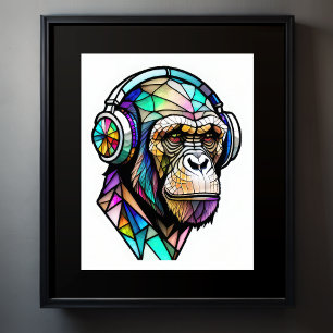 Watercolor Stained Glass Chimp Wearing Headphones Poster