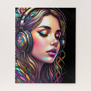 Watercolor Stained Glass Girl Wearing Headphones Jigsaw Puzzle