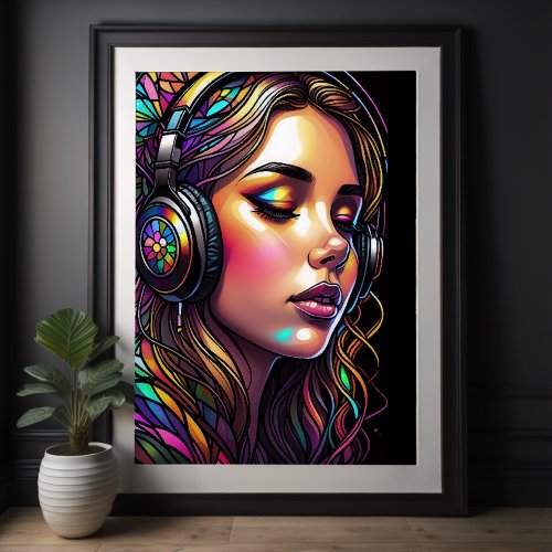 Watercolor Stained Glass Girl Wearing Headphones Poster