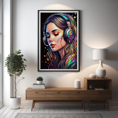 Watercolor Stained Glass Girl Wearing Headphones Poster