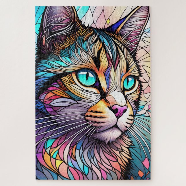 Watercolor Stained Glass Style Cat Jigsaw Puzzle (Vertical)