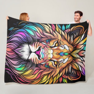 Watercolor Stained Glass Style Lion Fleece Blanket
