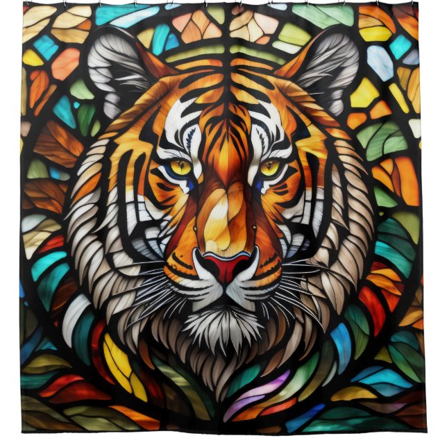 Watercolor Stained Glass Style Tiger Shower Curtain (Front)