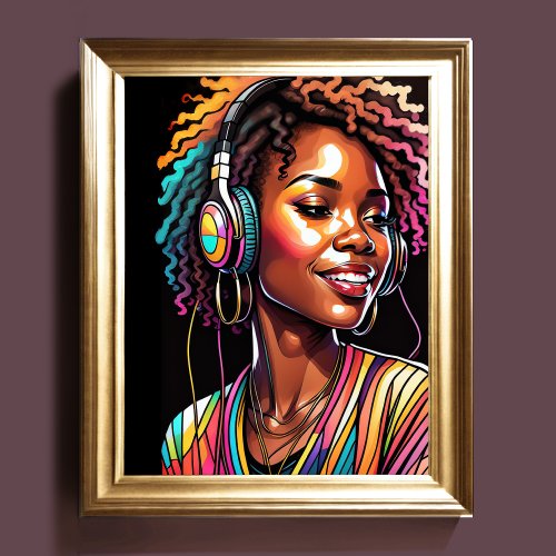 Watercolor Stained Glass Woman Wearing Headphones Poster