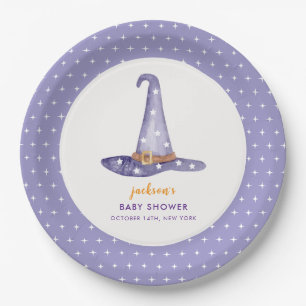 Watercolor Star Little Boo Witch Hat Baby Shower Paper Plates