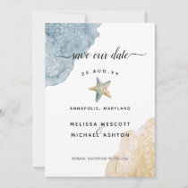 Watercolor Starfish Beach Dusty Blue Wedding Save The Date