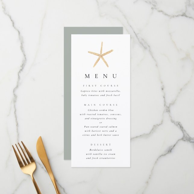 Watercolor Starfish Beach Minimalist Wedding Menu (Front/Back In Situ)