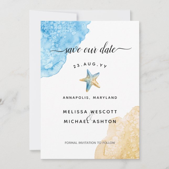 Watercolor Starfish Beach Modern Coastal Wedding Save The Date (Front)