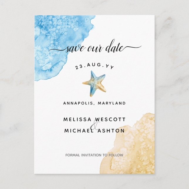 Watercolor Starfish Coastal Elegant Save Our Date Announcement Postcard (Front)