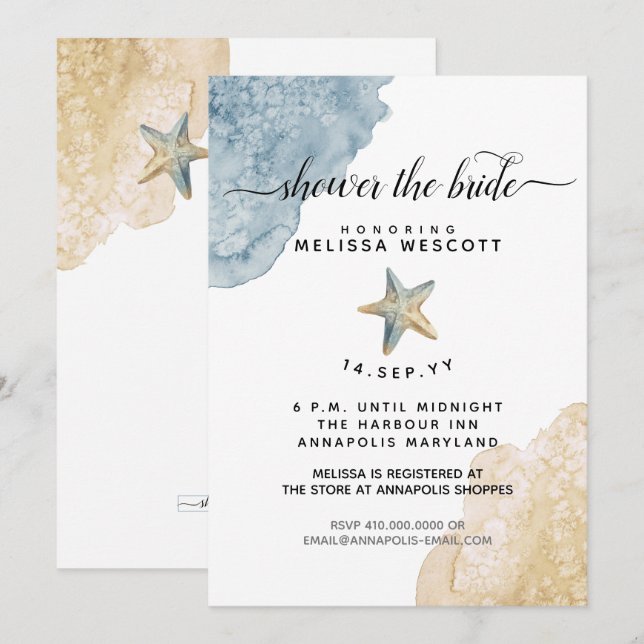 Watercolor Starfish Dusty Blue Beach Bridal Shower Invitation (Front/Back)
