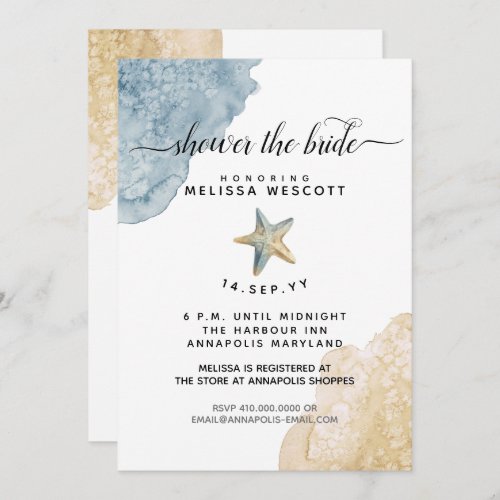 Watercolor Starfish Dusty Blue Beach Bridal Shower Invitation