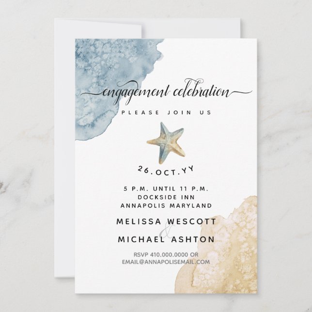 Watercolor Starfish Dusty Blue Coastal Engagement Invitation (Front)