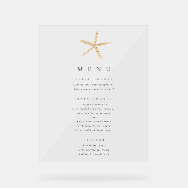 Watercolor Starfish Elegant Wedding Menu Acrylic Sign (Front)