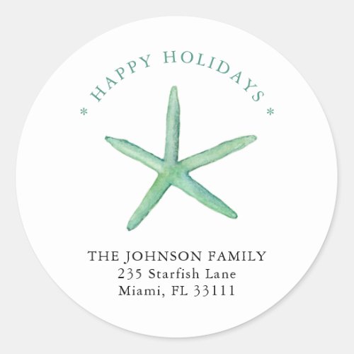 Watercolor Starfish Happy Holiday address  Classic Round Sticker