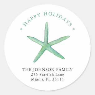 Watercolor Starfish Happy Holiday address Classic Round Sticker