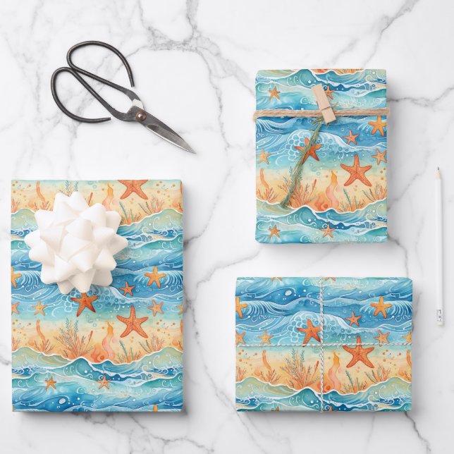 Watercolor Starfish Nautical Wrapping Paper Sheets (Front)