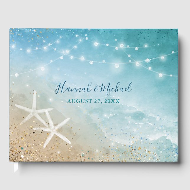 Watercolor Starfish Ocean Elegant Beach Wedding Guest Book (Front)