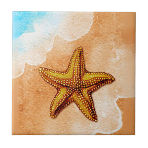 Watercolor Starfish on the Beach Ceramic Tile