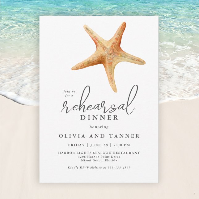 Watercolor Starfish Seafood Rehearsal Dinner Invitation (Creator Uploaded)