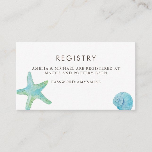 Watercolor Starfish & Seashell Beach Gift Registry Enclosure Card (Front)