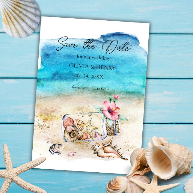 Watercolor Starfish & Seashells Beach Wedding Save The Date (Creator Uploaded)