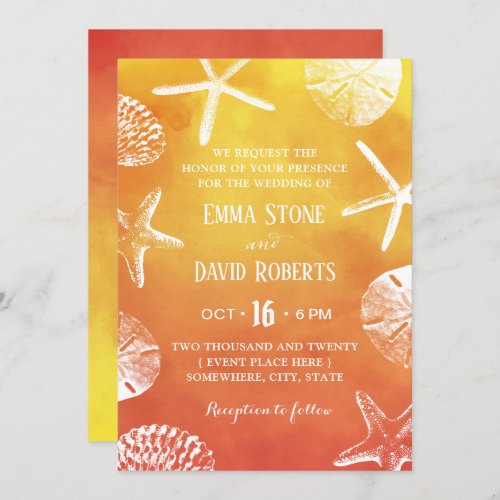 Watercolor Starfish Seashells Sunset Beach Wedding Invitation