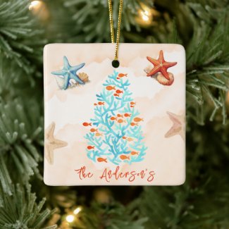 Watercolor Starfish Shells Sandy Beach Christmas 