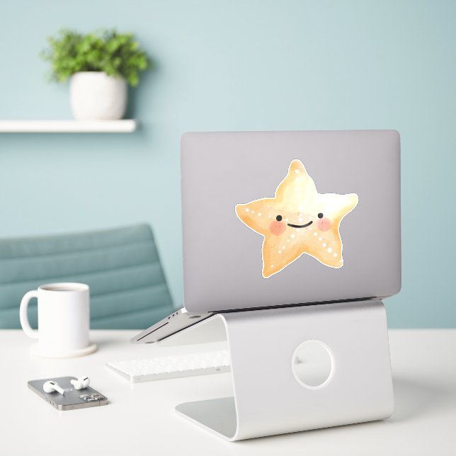 Watercolor Starfish Sticker (Laptop On Desk)
