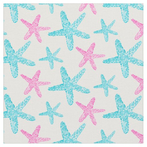 Watercolor Starfish Teal Pink Pattern Fabric