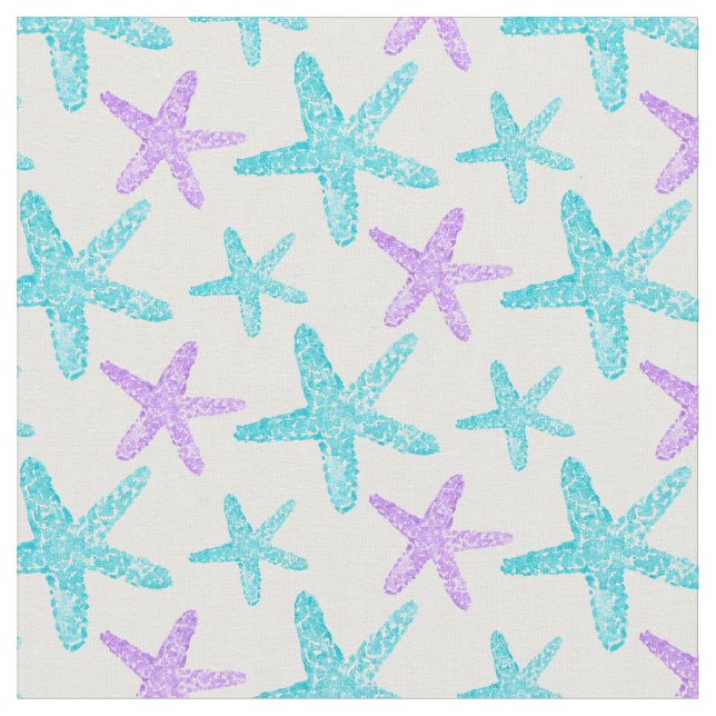 Watercolor Starfish Teal Purple Pattern Fabric (Close Up)