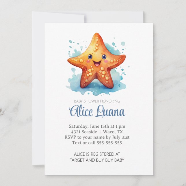 Watercolor Starfish Under the Sea Baby Shower Invitation (Front)