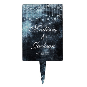 Watercolor Starry Night Celestial Wedding Monogram Cake Topper