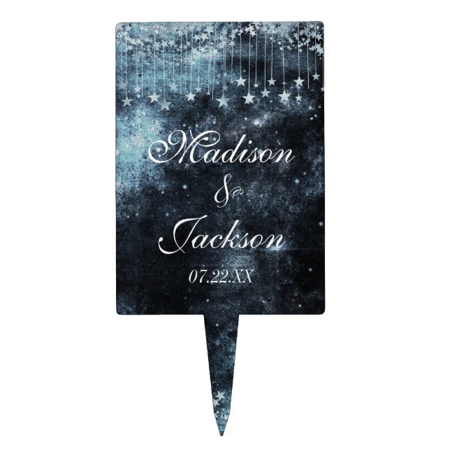 Watercolor Starry Night Celestial Wedding Monogram Cake Topper (Front)
