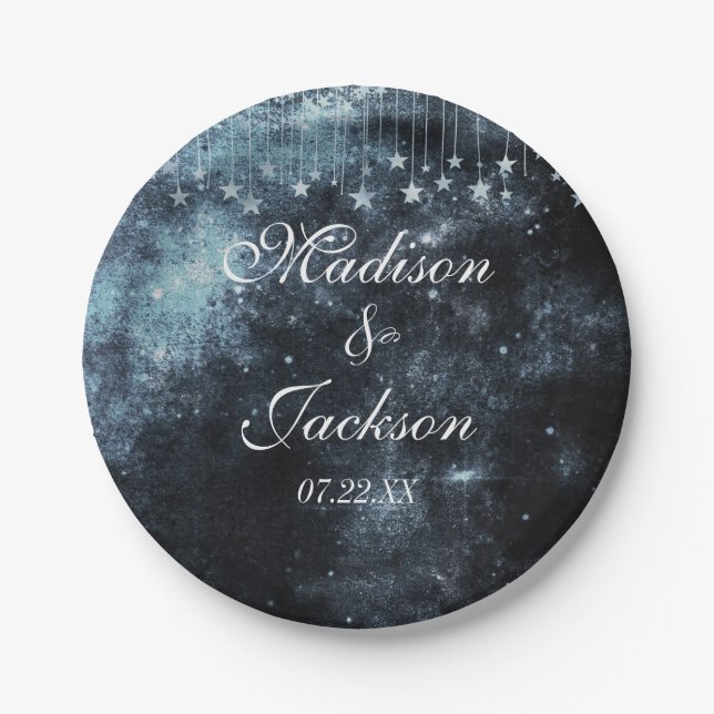 Watercolor Starry Night Celestial Wedding Monogram Paper Plates (Front)