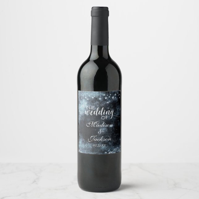 Watercolor Starry Night Celestial Wedding Monogram Wine Label (Front)