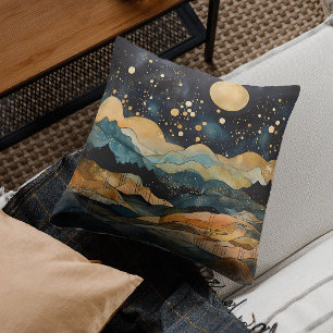 Watercolor Starry Night Earthy Tone Throw Pillow