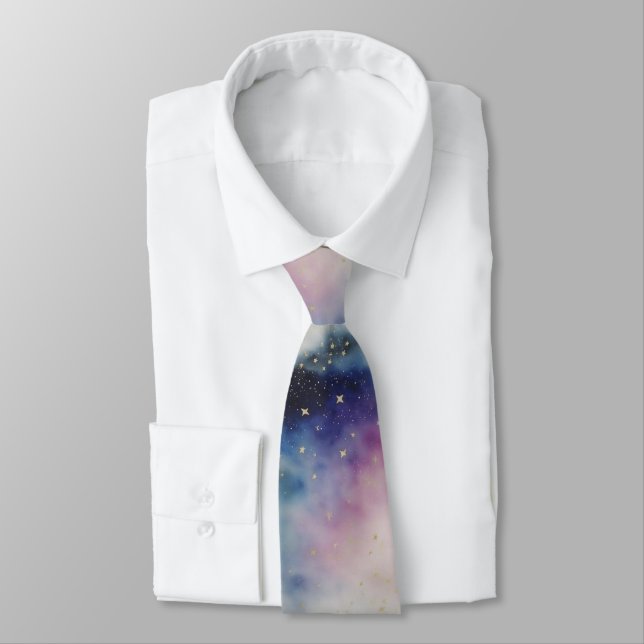 Watercolor Starry Sky on a Cloudy Night Neck Tie (Tied)