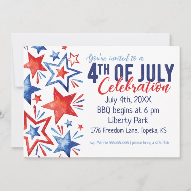 Watercolor Stars 4th of July Invitation (Front)