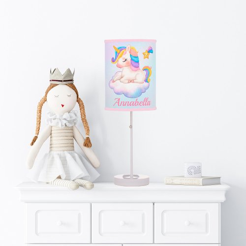 Watercolor Stars and Cute Sleeping Baby Unicorn  Table Lamp