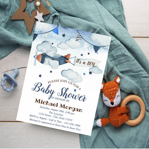 Watercolor StarsCloudsAirplane Baby Shower Invitation
